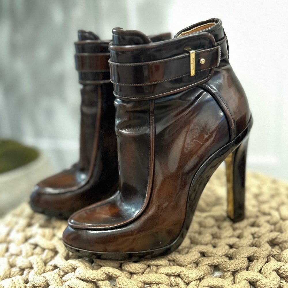 Patent Leather Salvatore Ferragamo Ankle Platform Boots.